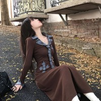 复古格纹拼接长袖连衣裙