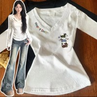 美式复古V领修身上衣